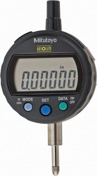 Mitutoyo - 0 to 12.7mm Range, 0.00005" Graduation, Electronic Drop Indicator - Flat Back, Accurate to 0.0001", English & Metric System, LCD Display - Exact Industrial Supply