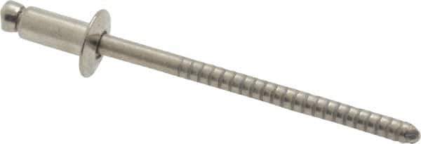 RivetKing - Dome Head Stainless Steel Open End Blind Rivet - Stainless Steel Mandrel, 0.063" to 1/8" Grip, 1/4" Head Diam, 0.129" to 0.133" Hole Diam, 0.275" Length Under Head, 1/8" Body Diam - Exact Industrial Supply