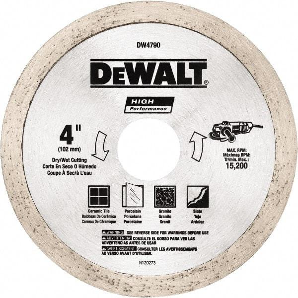 DeWALT - 4" Diam, 5/8 & 7/8" Arbor Hole Diam, Wet & Dry Cut Saw Blade - Diamond-Tipped, Standard Round Arbor - Exact Industrial Supply