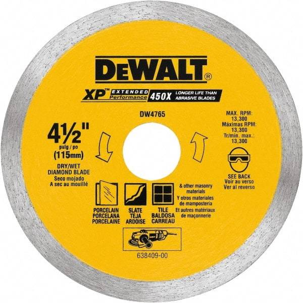 DeWALT - 4-3/8" Diam, 5/8 & 7/8" Arbor Hole Diam, Wet & Dry Cut Saw Blade - Diamond-Tipped, Standard Round Arbor - Exact Industrial Supply