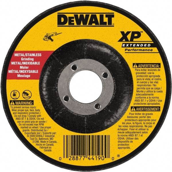 DeWALT - 24 Grit, 6" Wheel Diam, 1/4" Wheel Thickness, 7/8" Arbor Hole, Type 27 Depressed Center Wheel - Zirconia Alumina, Resinoid Bond, 10,100 Max RPM, Compatible with Angle Grinder - Exact Industrial Supply