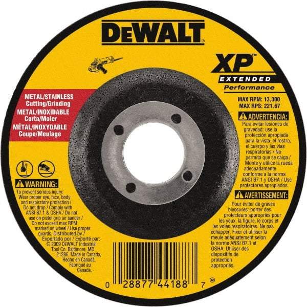 DeWALT - 24 Grit, 5" Wheel Diam, 1/8" Wheel Thickness, 7/8" Arbor Hole, Type 27 Depressed Center Wheel - Zirconia Alumina, Resinoid Bond, 12,200 Max RPM, Compatible with Angle Grinder - Exact Industrial Supply