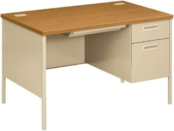 Hon - Laminate/Metal Right Pedestal Desk with Center Drawer - 48" Wide x 30" Deep x 29" High, Harvest/Putty - Exact Industrial Supply