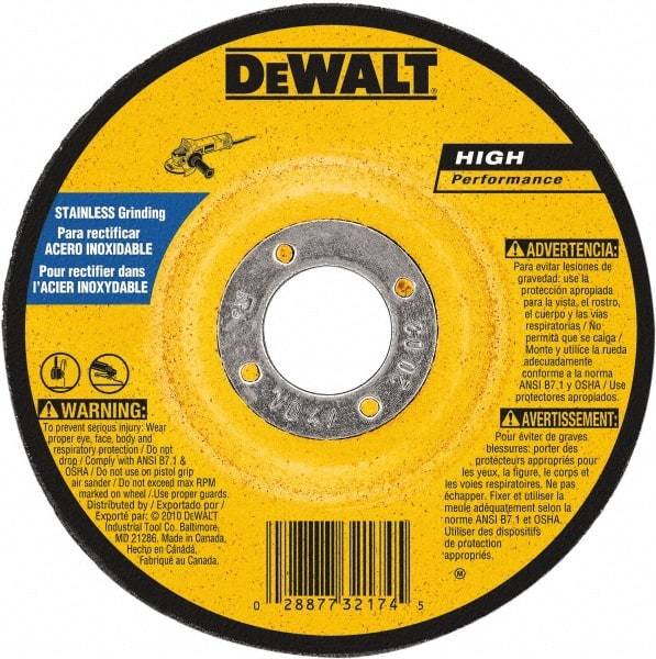 DeWALT - 30 Grit, 6" Wheel Diam, 1/4" Wheel Thickness, 7/8" Arbor Hole, Type 27 Depressed Center Wheel - Aluminum Oxide, 10,100 Max RPM, Compatible with Angle Grinder - Exact Industrial Supply