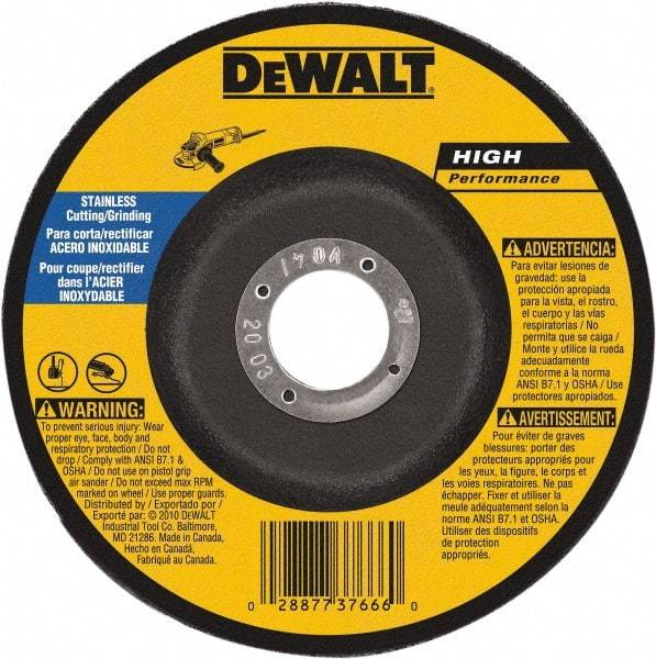 DeWALT - 30 Grit, 6" Wheel Diam, 1/8" Wheel Thickness, 7/8" Arbor Hole, Type 27 Depressed Center Wheel - Aluminum Oxide, 10,100 Max RPM, Compatible with Angle Grinder - Exact Industrial Supply