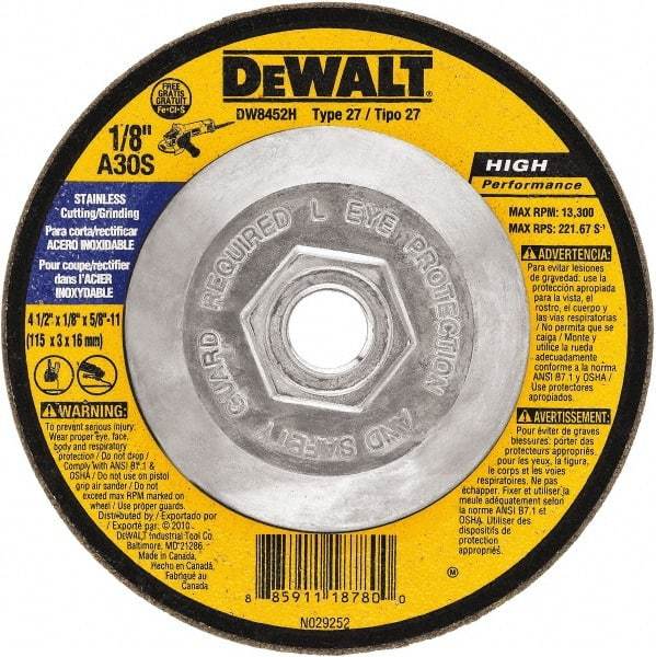 DeWALT - 30 Grit, 6" Wheel Diam, 1/8" Wheel Thickness, Type 27 Depressed Center Wheel - Aluminum Oxide, 10,100 Max RPM, Compatible with Angle Grinder - Exact Industrial Supply