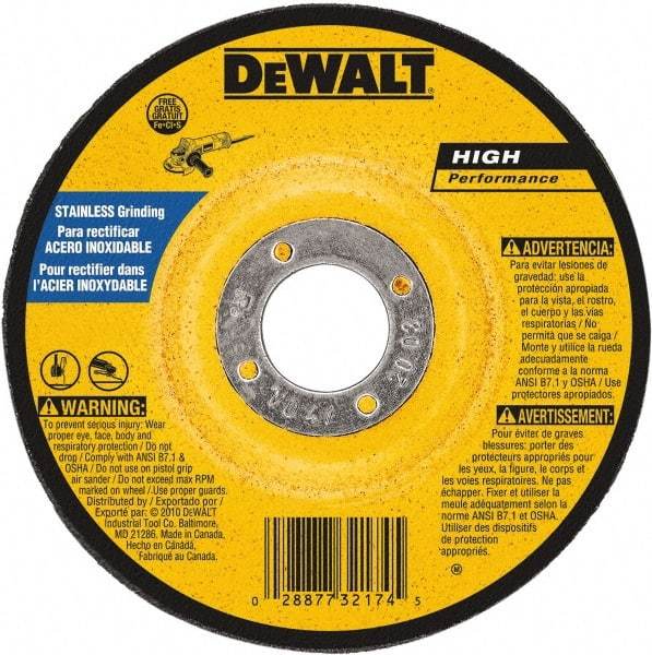 DeWALT - 30 Grit, 7" Wheel Diam, 1/4" Wheel Thickness, 7/8" Arbor Hole, Type 27 Depressed Center Wheel - Aluminum Oxide, 8,700 Max RPM, Compatible with Angle Grinder - Exact Industrial Supply