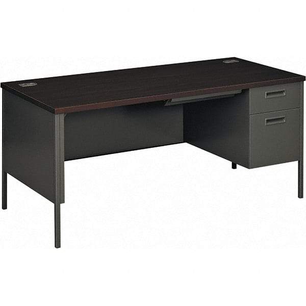 Hon - Plastic Laminated Top Single Pedestal with Right Hand Return Desk with Center Drawer - 66" Wide x 30" Deep x 29-1/2" High, Mahogany/Charcoal - Exact Industrial Supply