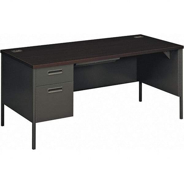 Hon - Plastic Laminated Top Single Pedestal Desk with Center Drawer - 66" Wide x 30" Deep x 29-1/2" High, Mahogany/Charcoal - Exact Industrial Supply
