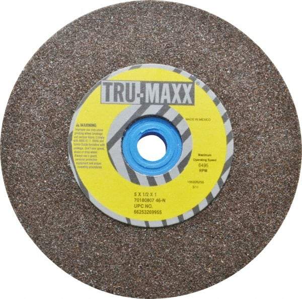 Tru-Maxx - 60 Grit Aluminum Oxide Bench & Pedestal Grinding Wheel - 5" Diam x 1" Hole x 1/2" Thick, 6495 Max RPM, O Hardness, Medium Grade , Vitrified Bond - Exact Industrial Supply