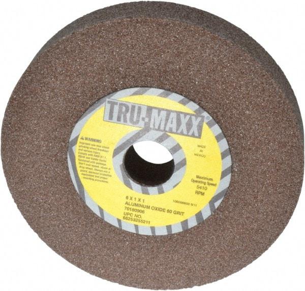 Tru-Maxx - 60 Grit Aluminum Oxide Bench & Pedestal Grinding Wheel - 6" Diam x 1" Hole x 1" Thick, 5410 Max RPM, O Hardness, Medium Grade , Vitrified Bond - Exact Industrial Supply