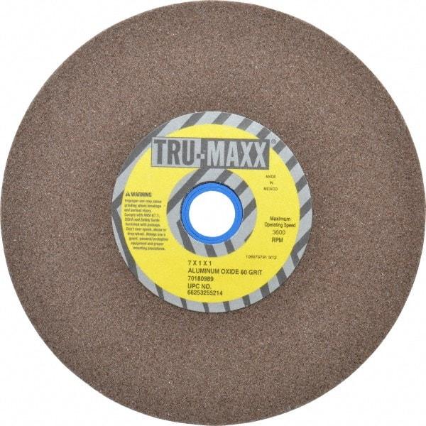 Tru-Maxx - 60 Grit Aluminum Oxide Bench & Pedestal Grinding Wheel - 7" Diam x 1" Hole x 1" Thick, 3600 Max RPM, O Hardness, Medium Grade , Vitrified Bond - Exact Industrial Supply