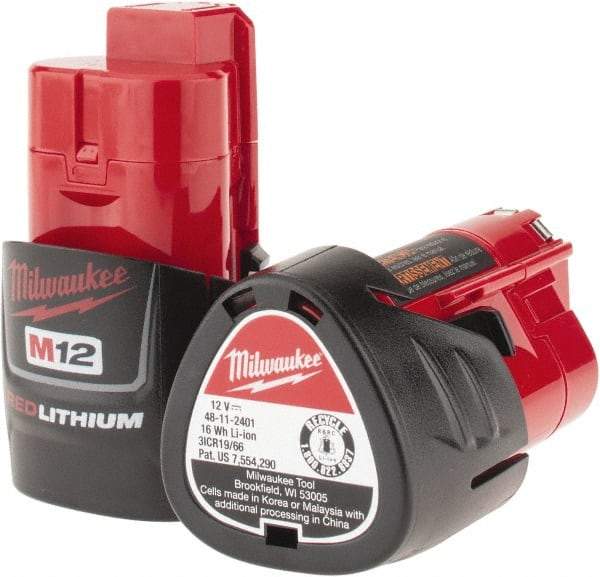 Milwaukee Tool - 12 Volt Lithium-Ion Power Tool Battery - 1.5 Ahr Capacity, 1/2 hr Charge Time, Series M12 RED - Exact Industrial Supply