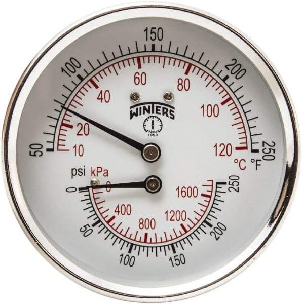 Winters - 3" Dial, 1/2 Thread, 0-250 Scale Range, Pressure Gauge - Center Back Connection Mount, Accurate to 0.03% of Scale - Exact Industrial Supply