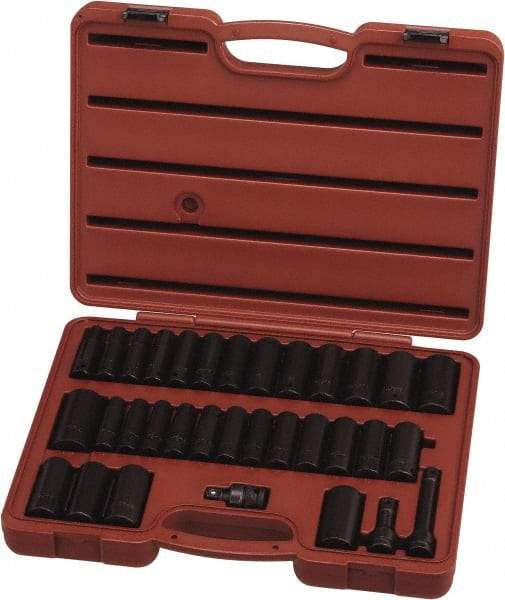 Paramount - 33 Piece 1/2" Drive Standard Deep Impact Socket Set - 6 Points, 3/8 to 1-1/4", 10 to 27mm, Inch/Metric Measurement Standard - Exact Industrial Supply