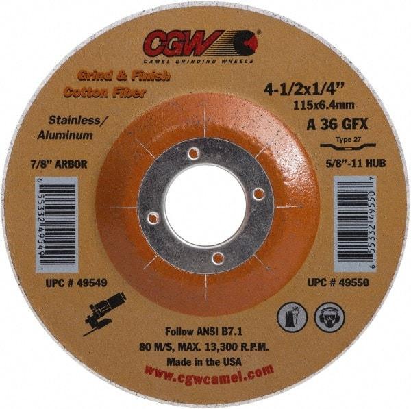 Camel Grinding Wheels - 36 Grit, 4-1/2" Wheel Diam, 1/4" Wheel Thickness, Type 27 Depressed Center Wheel - Medium Grade, Aluminum Oxide, 13,300 Max RPM - Exact Industrial Supply
