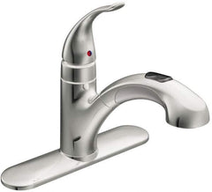 Moen - 3 Hole Mount, Low Arc Commercial Faucet - One Handle, Pull Lever Handle, Pullout Spout, No Drain - Exact Industrial Supply