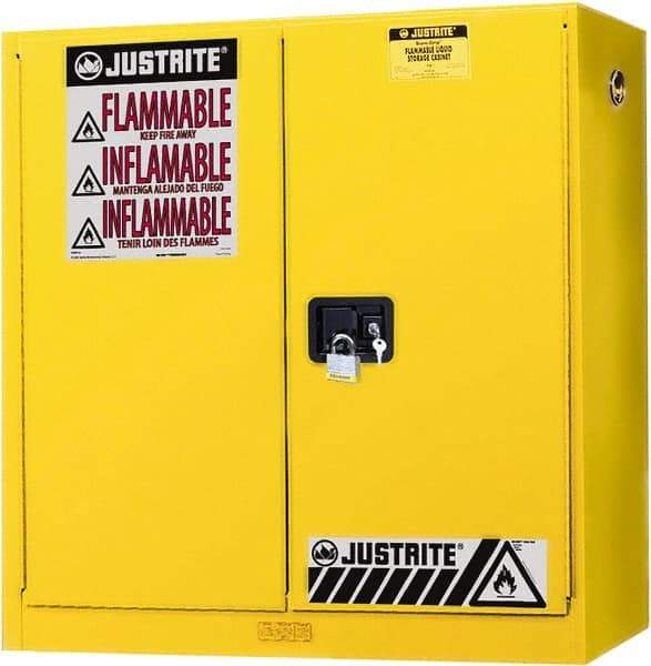 Justrite - 2 Door, 3 Shelf, Yellow Steel Wall Mount Safety Cabinet for Flammable and Combustible Liquids - 44" High x 43" Wide x 12" Deep, Manual Closing Door, 20 Gal Capacity - Exact Industrial Supply