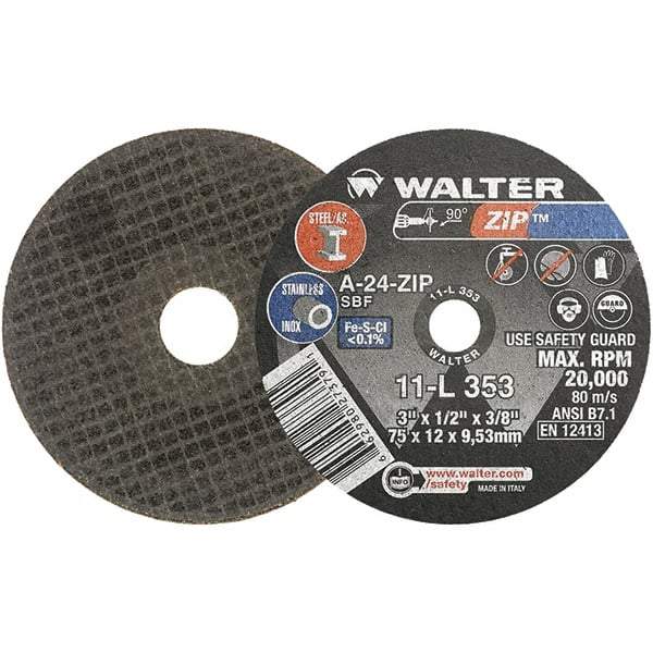 WALTER Surface Technologies - 3" 24 Grit Aluminum Oxide Cutoff Wheel - 1/2" Thick, 3/8" Arbor, 25,470 Max RPM, Use with Die Grinders - Exact Industrial Supply