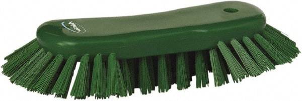Vikan - 1.3" Bristle Length, Polyester Utility Scrub Brush - 7-3/4" Long x 3" Wide Head, 8" OAL, European Threaded Handle, Green, Polypropylene Block - Exact Industrial Supply
