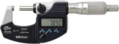 Mitutoyo - 0.0001 Inch Resolution, Standard Throat, Electronic Outside Micrometer - Includes Stand - Exact Industrial Supply