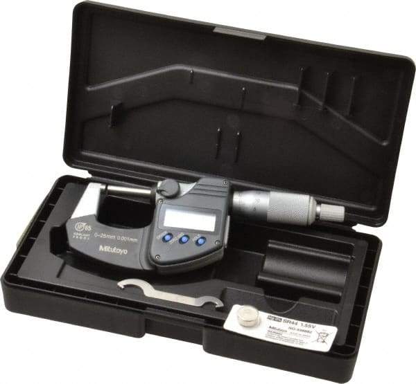 Mitutoyo - 0 to 25 mm Range, 0.001 mm Resolution, Standard Throat, IP65 Electronic Outside Micrometer - 0.001 Inch Accuracy, Ratchet Stop Thimble, Carbide Face, SR44 Battery, Data Output, Plastic Case, Includes NIST Traceable Certification of Inspection - Exact Industrial Supply