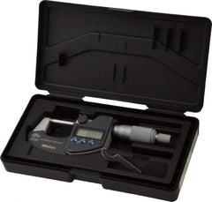 Mitutoyo - 0 to 25 mm Range, 0.001 mm Resolution, Standard Throat, IP65 Electronic Outside Micrometer - 0.001 Inch Accuracy, Ratchet Stop Thimble, Carbide Face, SR44 Battery, Plastic Case, Includes NIST Traceable Certification of Inspection - Exact Industrial Supply