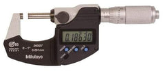 Mitutoyo - 0.0001 Inch Resolution, Standard Throat, Electronic Outside Micrometer - Includes Stand - Exact Industrial Supply