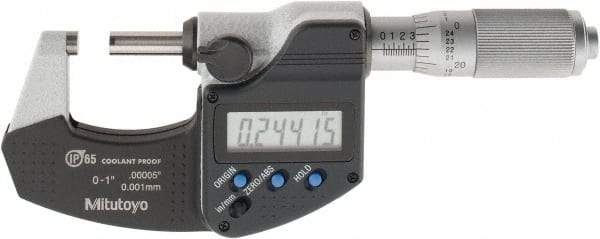 Mitutoyo - 0 to 1 Inch Range, 0.0001 Inch Resolution, Standard Throat, IP65, Electronic Outside Micrometer - 0.0001 Inch Accuracy, Friction Thimble, Carbide Face, SR44 Battery, Plastic Case, Includes NIST Traceable Certification of Inspection - Exact Industrial Supply