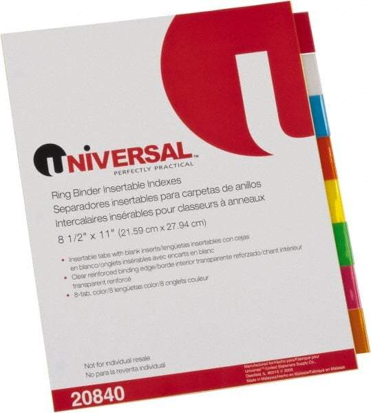 UNIVERSAL - 8-1/2 x 11" 8 Tabs, Single Sided Clear Mylar Reinforced Binding Edge, Insertable Tab Economy Indexes - Multicolor Tabs, Buff Folder - Exact Industrial Supply