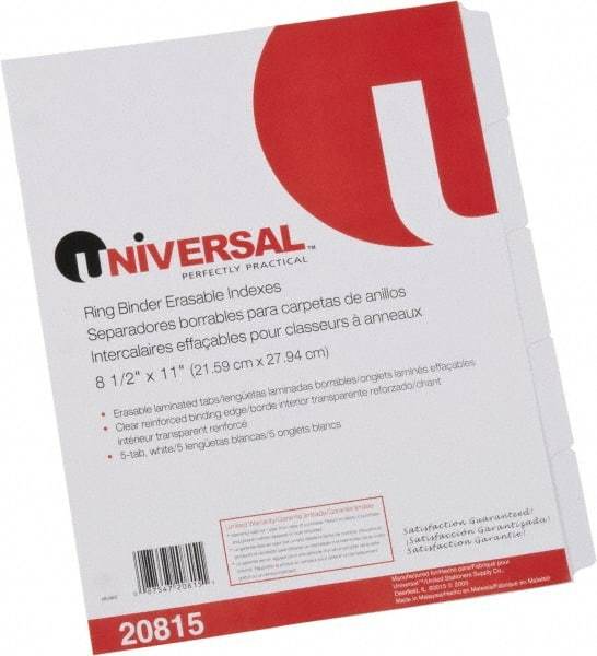 UNIVERSAL - 8-1/2 x 11" 5 Tabs, Clear Reinforced Binder Holes, Write on Erasable Tab Indexes - White - Exact Industrial Supply