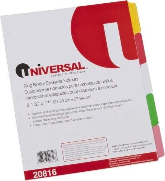 UNIVERSAL - 8-1/2 x 11" 5 Tabs, Clear Reinforced Binder Holes, Write on Erasable Tab Indexes - Multicolor Tabs, White Folder - Exact Industrial Supply