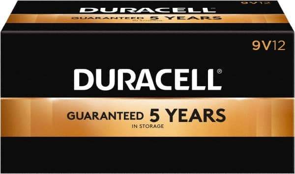 Duracell - Size 9V, Alkaline, 12 Pack, Standard Battery - 9 Volts, Snap Terminal, 6LR61, ANSI 1604A Regulated - Exact Industrial Supply