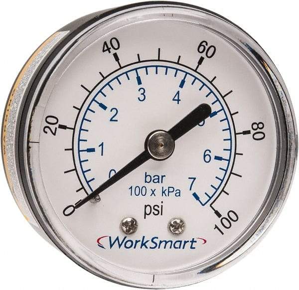 Value Collection - 2" Dial, 1/4 Thread, 0-100 Scale Range, Pressure Gauge - Center Back Connection Mount, Accurate to 3-2-3% of Scale - Exact Industrial Supply
