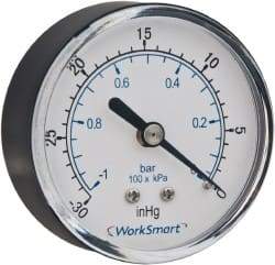 Value Collection - 1-1/2" Dial, 1/8 Thread, 30-0-30 Scale Range, Pressure Gauge - Center Back Connection Mount, Accurate to 3-2-3% of Scale - Exact Industrial Supply