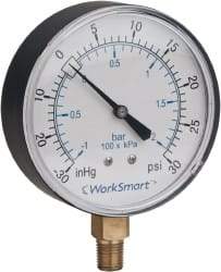 Value Collection - 1-1/2" Dial, 1/8 Thread, 30-0 Scale Range, Pressure Gauge - Lower Connection Mount, Accurate to 3-2-3% of Scale - Exact Industrial Supply