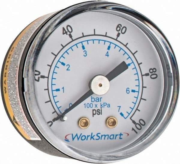 Value Collection - 1-1/2" Dial, 1/8 Thread, 0-100 Scale Range, Pressure Gauge - Center Back Connection Mount, Accurate to 3-2-3% of Scale - Exact Industrial Supply