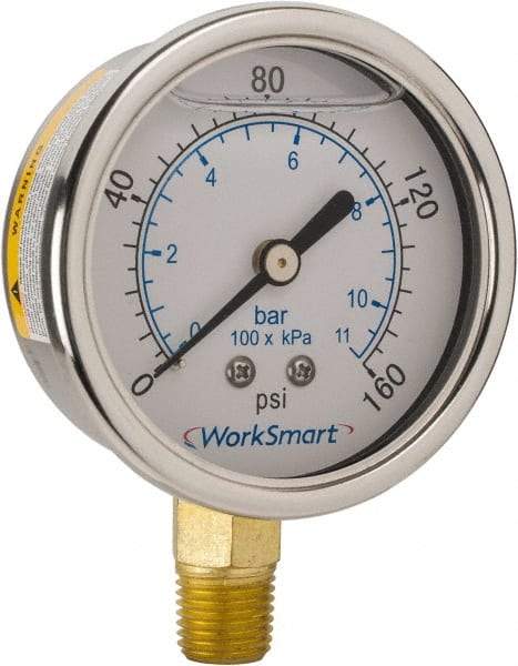 Value Collection - 2-1/2" Dial, 1/4 Thread, 0-160 Scale Range, Pressure Gauge - Lower Connection Mount, Accurate to 3-2-3% of Scale - Exact Industrial Supply