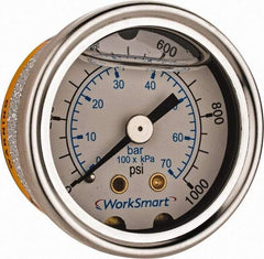 Value Collection - 1-1/2" Dial, 1/8 Thread, 0-1,000 Scale Range, Pressure Gauge - Center Back Connection Mount, Accurate to 3-2-3% of Scale - Exact Industrial Supply