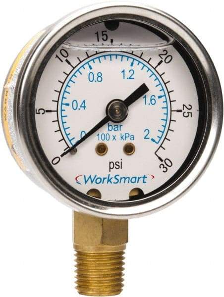 Value Collection - 2" Dial, 1/4 Thread, 0-30 Scale Range, Pressure Gauge - Lower Connection Mount, Accurate to 3-2-3% of Scale - Exact Industrial Supply