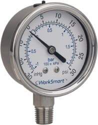 Value Collection - 2-1/2" Dial, 1/4 Thread, 30-0 Scale Range, Pressure Gauge - Lower Connection Mount, Accurate to 3-2-3% of Scale - Exact Industrial Supply