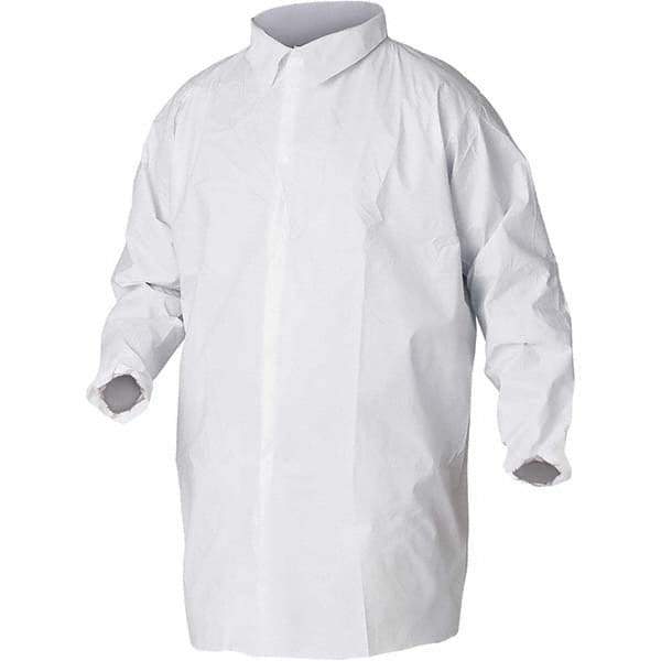 KleenGuard - Size M White Lab Coat without Pockets - Microporous Film Laminate, Snap Front, Elastic Cuffs - Exact Industrial Supply