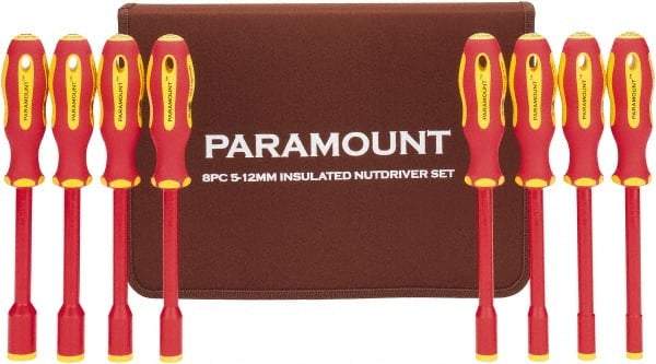 Paramount - 8 Piece 5 to 12mm Insulated Nutdriver Set - Solid Shaft, Ergonomic Handle - Exact Industrial Supply