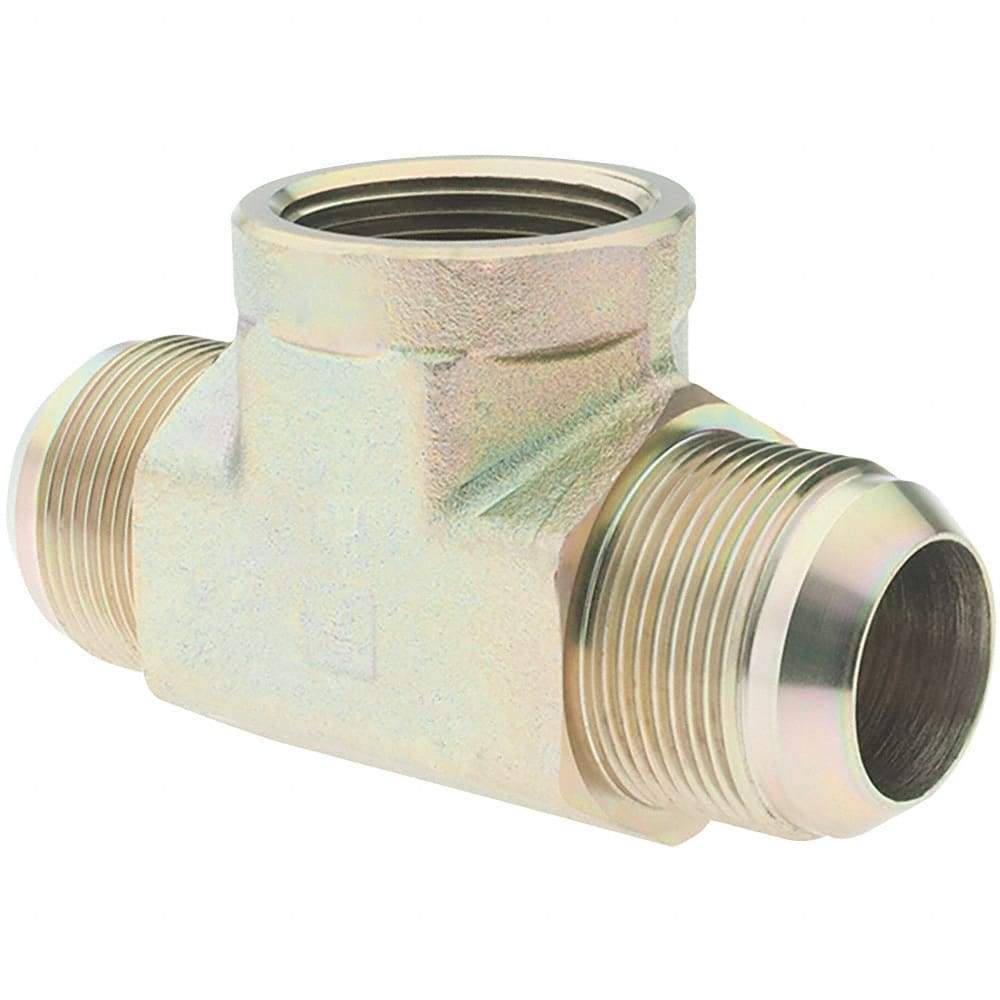 Parker - 1-1/4" Tube OD, 37° Steel Flared Tube Female Outlet Tee - 1-1/4 NPT, Flare x Flare x NPT Ends - Exact Industrial Supply