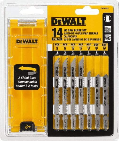 DeWALT - 14 Piece, 3" to 5" Long, 6 to 32 Teeth per Inch, Bi-Metal Jig Saw Blade Set - Toothed Edge, T-Shank - Exact Industrial Supply
