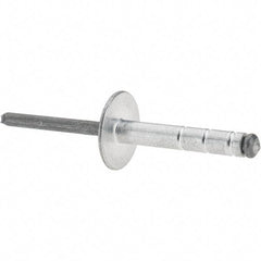 RivetKing - Large Flange Head Aluminum Open End Blind Rivet - Steel Mandrel, 0.437" to 3/4" Grip, 1.065" Length Under Head, 3/16" Body Diam - Exact Industrial Supply