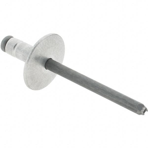 RivetKing - Large Flange Head Aluminum Open End Blind Rivet - Steel Mandrel, 0.063" to 0.252" Grip, 0.44" Length Under Head, 3/16" Body Diam - Exact Industrial Supply