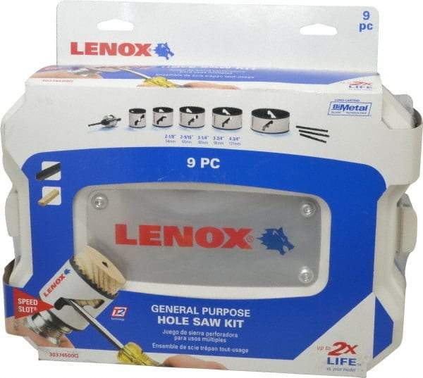 Lenox - 9 Piece, 2-1/8" to 4-3/4" Saw Diam, General Purpose Hole Saw Kit - Bi-Metal, Includes 5 Hole Saws - Exact Industrial Supply