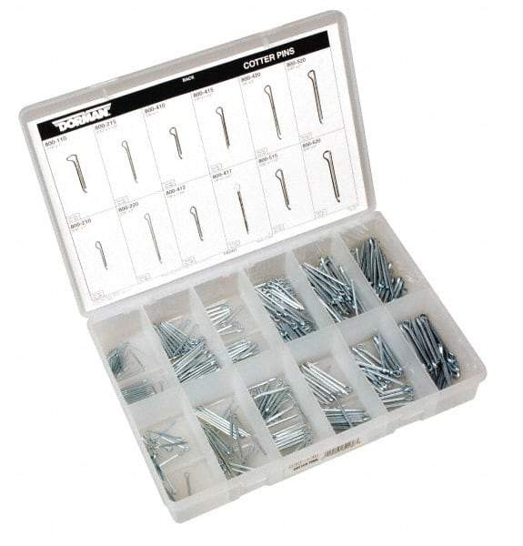 Dorman - 390 Piece, 1/16 to 3/16" Pin Diam, Spring Pin Assortment - 1 to 2" Long, Steel - Exact Industrial Supply