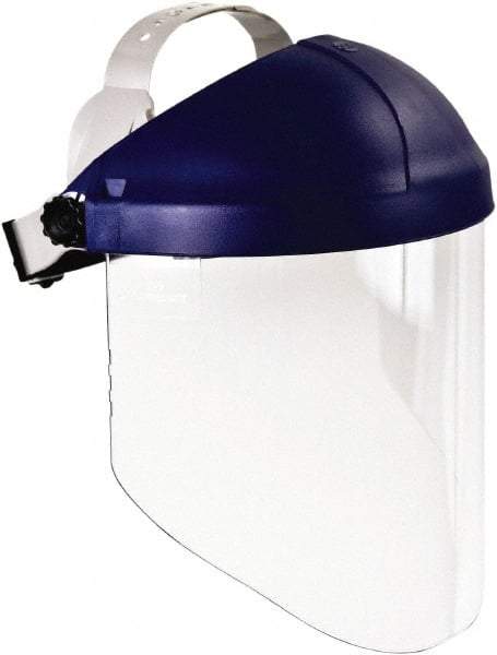 3M - Thermoplastic Blue Ratchet Adjustment, Face Shield & Headgear Set - 9" Wide x 14-1/4" High, Uncoated, Clear Window - Exact Industrial Supply